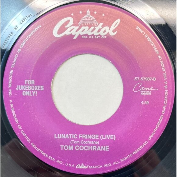 Tom Cochrane Washed Away / Lunatic Fringe (Live) 45 Rock Capitol Jukebox 57987 - Picture 2 of 6